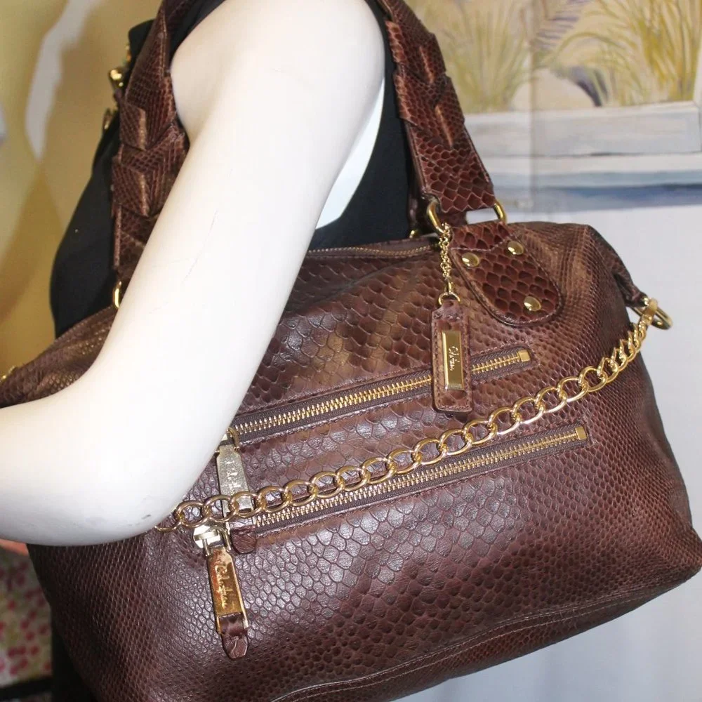 Cole Haan Brown Leather Tote with Gold Chain Detail